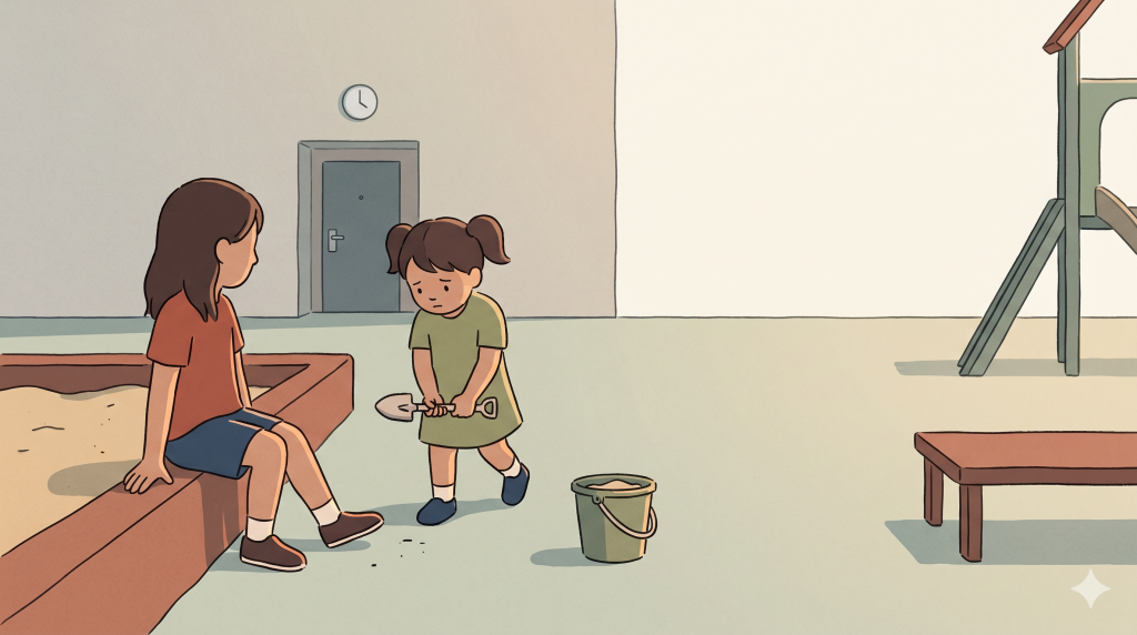 A young child naturally using korean honorifics to approach an older child on a playground.