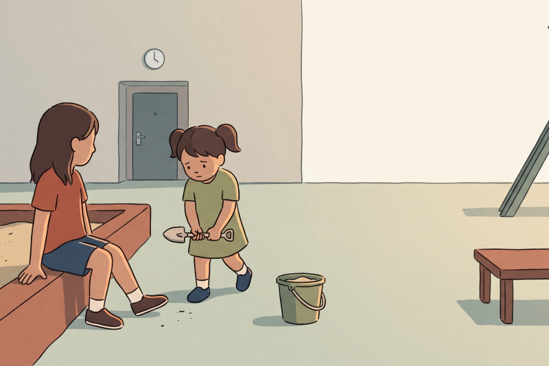 A young child naturally using korean honorifics to approach an older child on a playground.