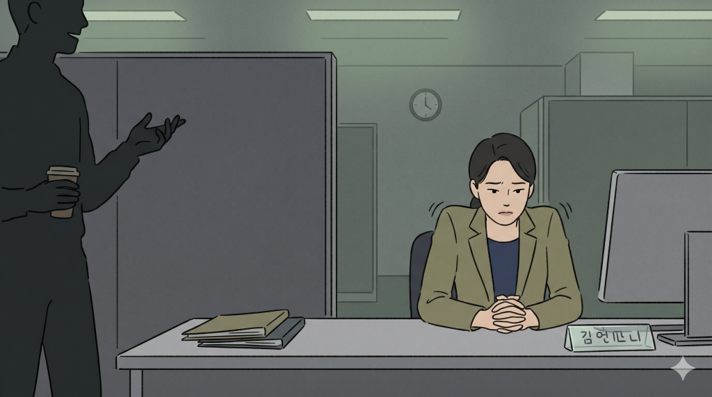 A Korean office worker looking uncomfortable after a foreign colleague uses a first name instead of proper korean honorifics.