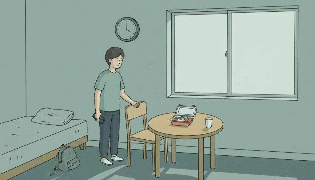 A solitary birthday without miyeokguk, reflecting the emotional side of korean birthday tradition when someone is away from home.