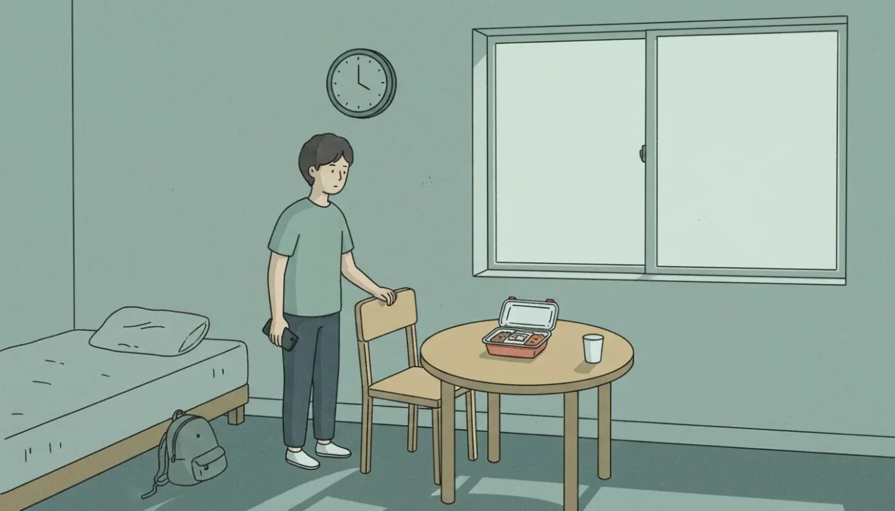 A solitary birthday without miyeokguk, reflecting the emotional side of korean birthday tradition when someone is away from home.