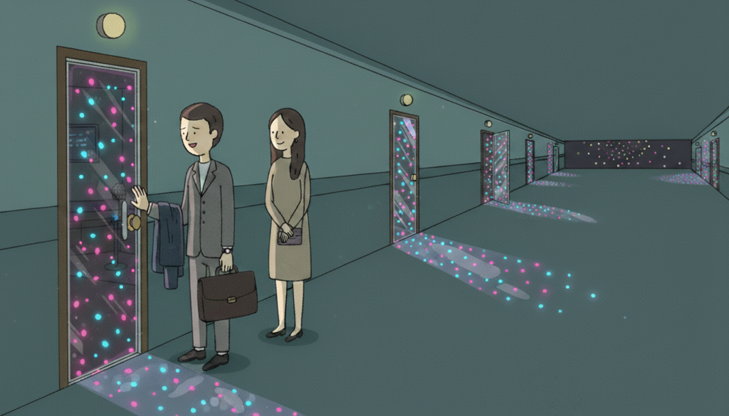 Coworkers outside a noraebang door after a company dinner, showing how noraebang fits into Korean social evenings.