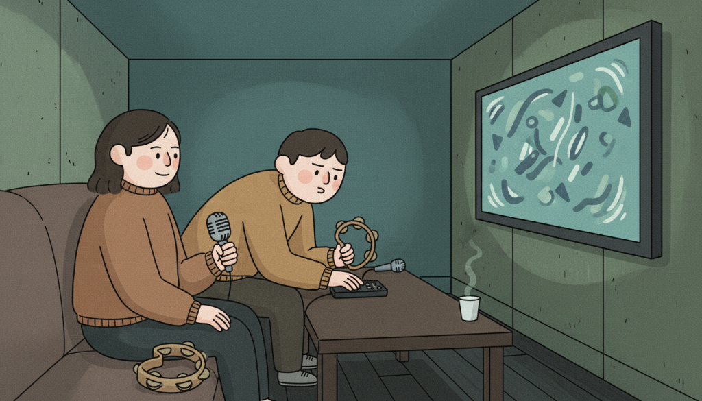 A small noraebang room after dinner, with coworkers in a korean karaoke room taking turns with microphones while others queue songs.