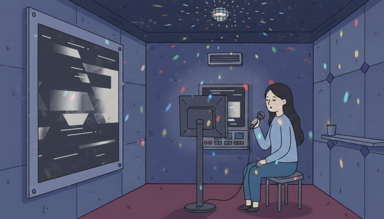 A solo noraebang booth with one person singing alone in a quiet korean karaoke space.
