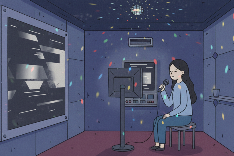 A solo noraebang booth with one person singing alone in a quiet korean karaoke space.