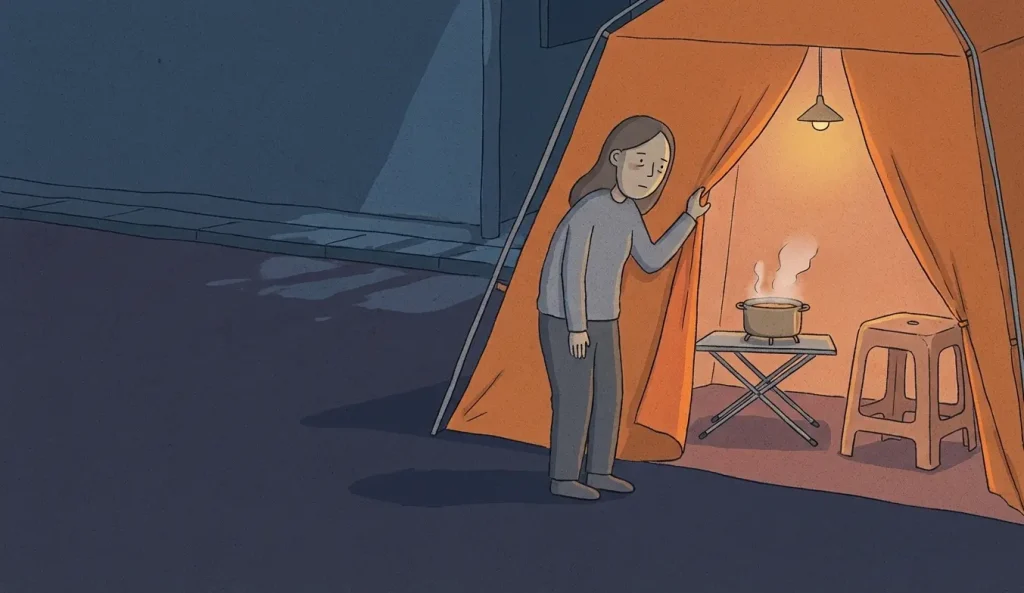pojangmacha orange tent scene at night with a person entering through the tent flap