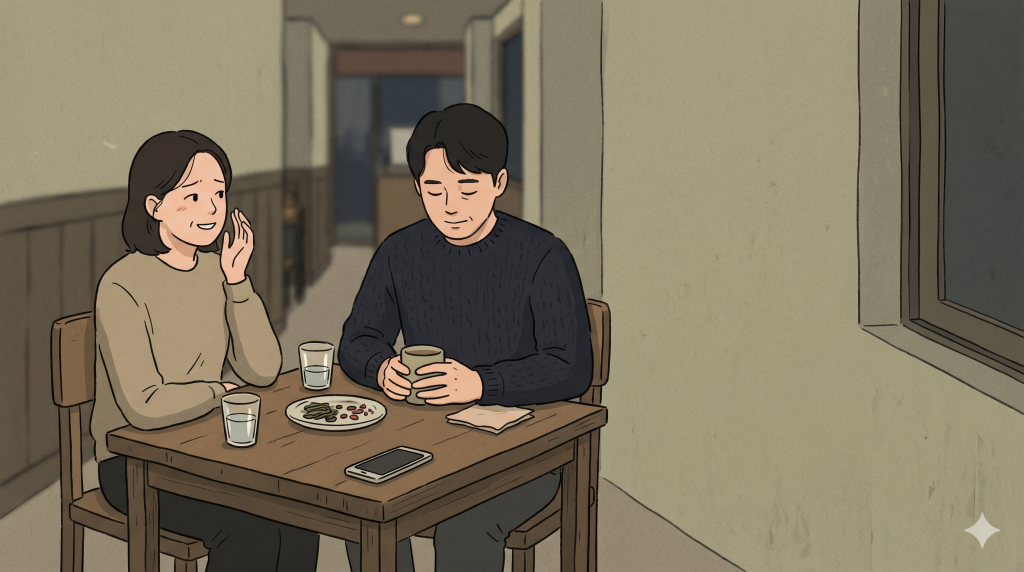 Aegyo meaning shown through a small playful gesture softening a tense dinner moment.