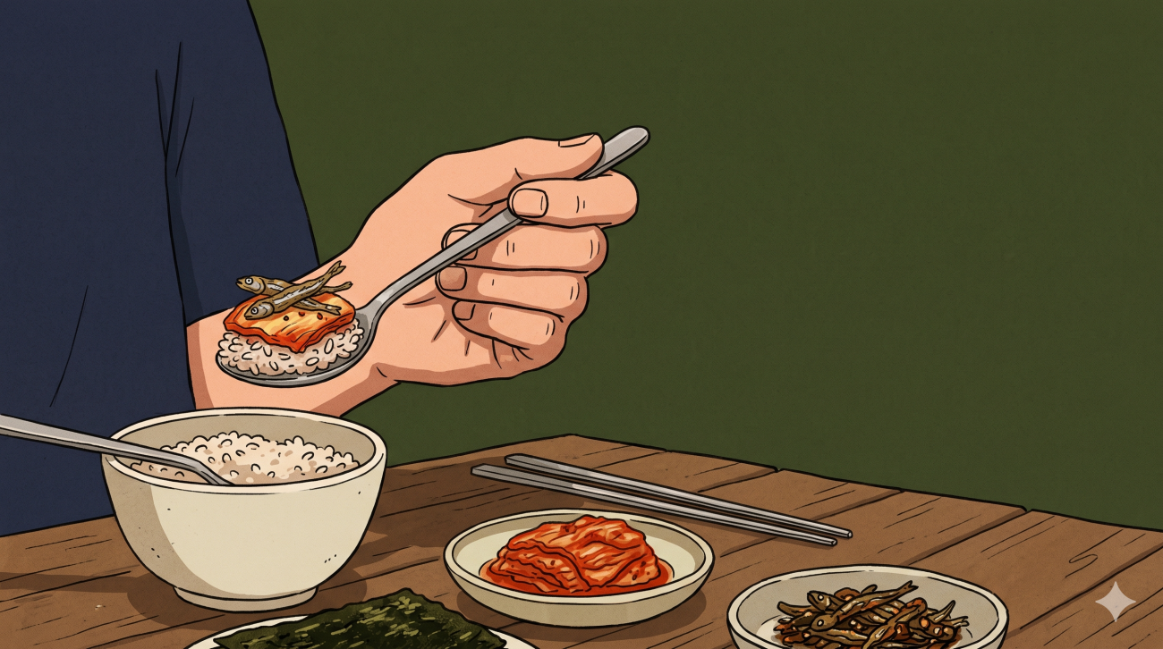 combining banchan with rice in a Korean meal