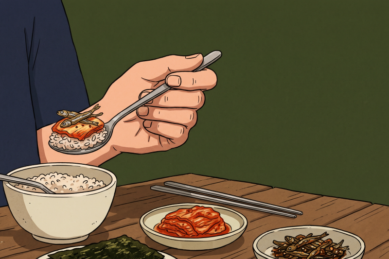 combining banchan with rice in a Korean meal