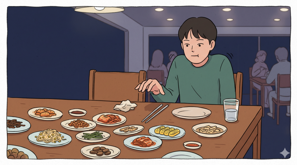 banchan dishes filling a Korean restaurant table before ordering