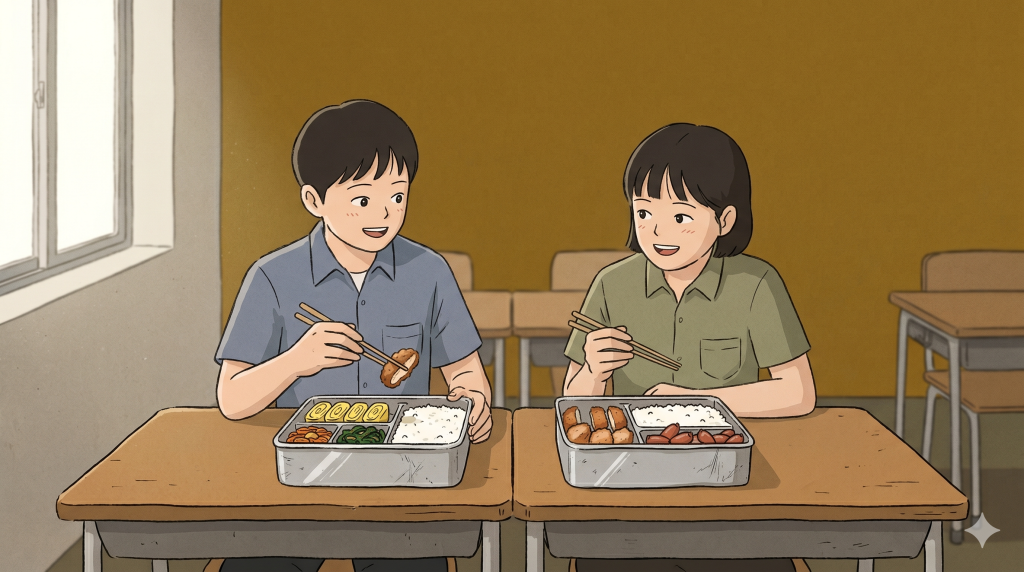 banchan lunchbox shared between students at a table