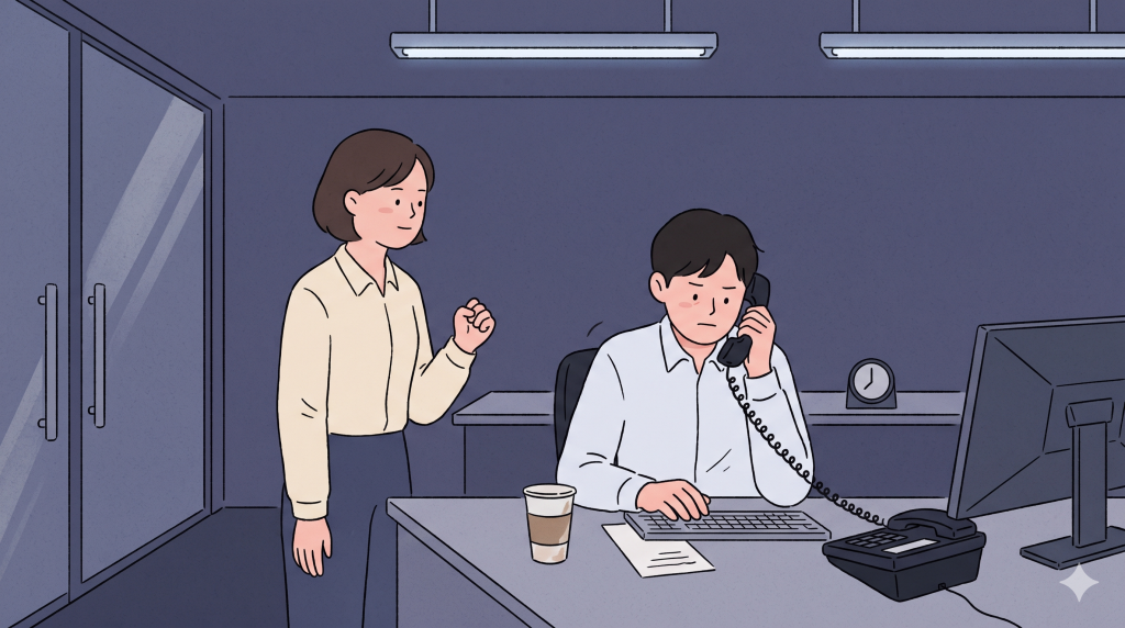 Hwaiting meaning shown through a quiet office moment before a difficult phone call.
