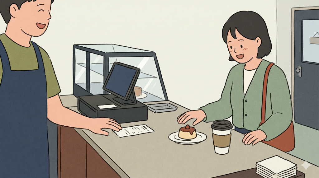 Konglish meaning shown through a quiet café moment where a free item creates brief confusion.