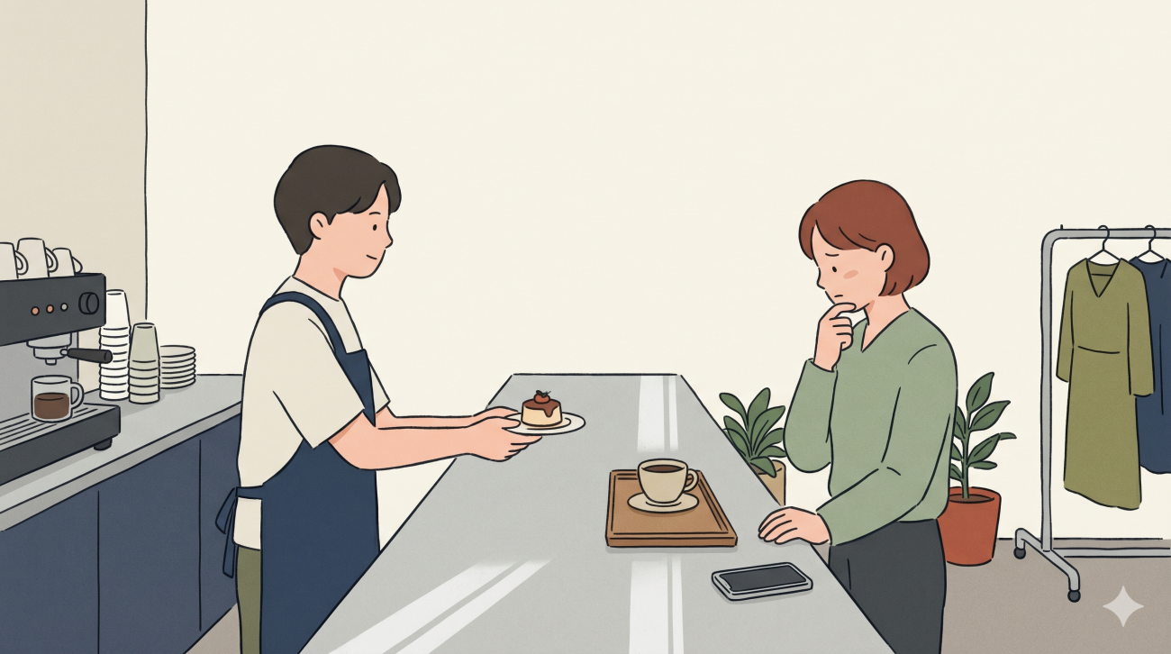 Konglish meaning illustrated through a Korean café scene where a free dessert creates quiet confusion.