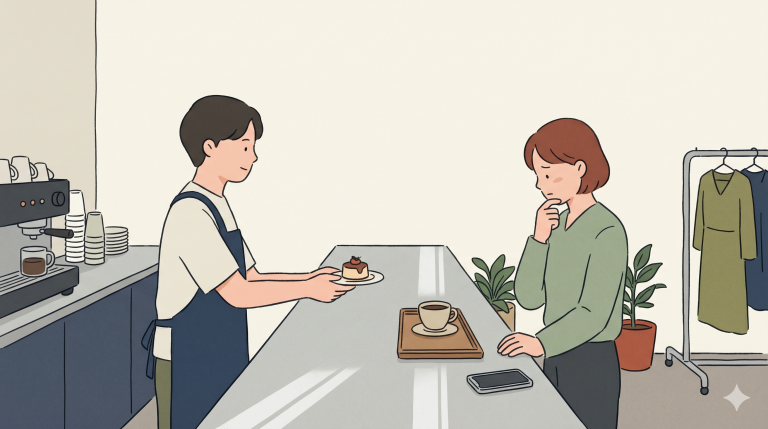 Konglish meaning illustrated through a Korean café scene where a free dessert creates quiet confusion.