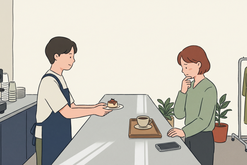 Konglish meaning illustrated through a Korean café scene where a free dessert creates quiet confusion.