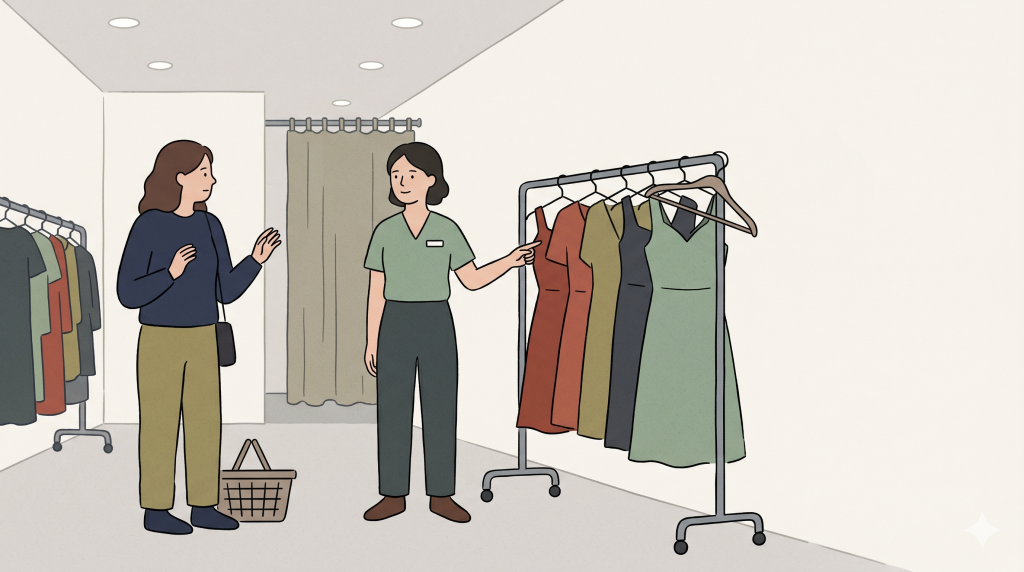 Konglish meaning illustrated by a Korean clothing store scene where one-piece refers to a dress.