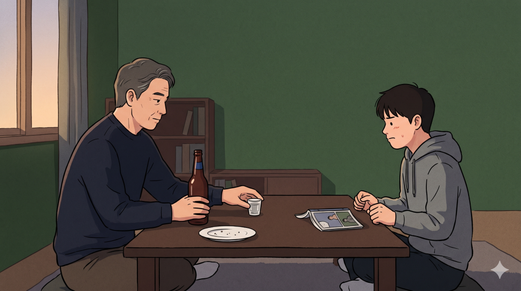 Korean drinking etiquette shown through a father quietly pouring beer for his son at a low living room table.