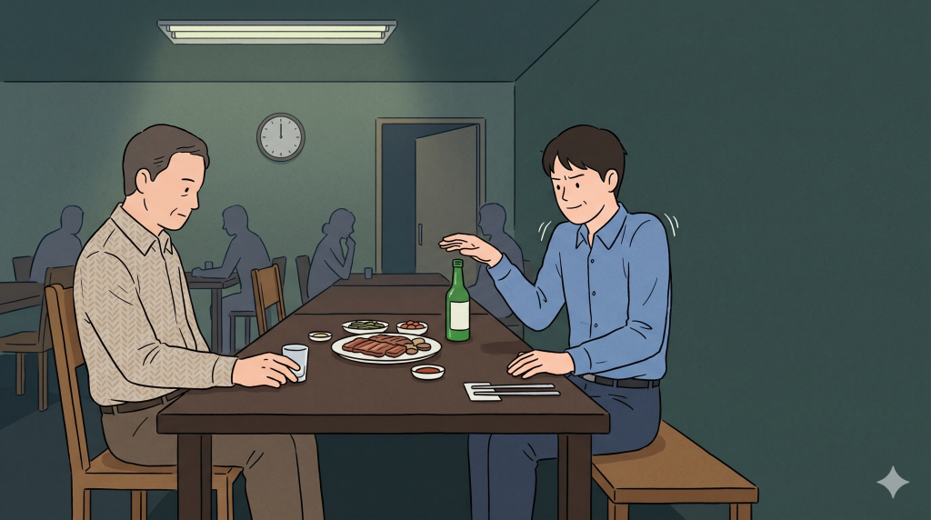 Korean drinking etiquette at a company dinner where a younger worker carefully watches an elder's glass.