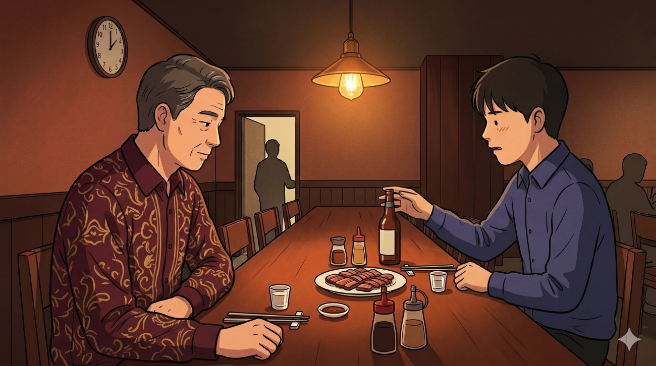 Korean drinking etiquette shown as a younger man reaches for a soju bottle across from an elder at a restaurant table.