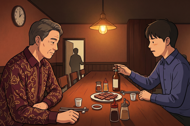 Korean drinking etiquette shown as a younger man reaches for a soju bottle across from an elder at a restaurant table.
