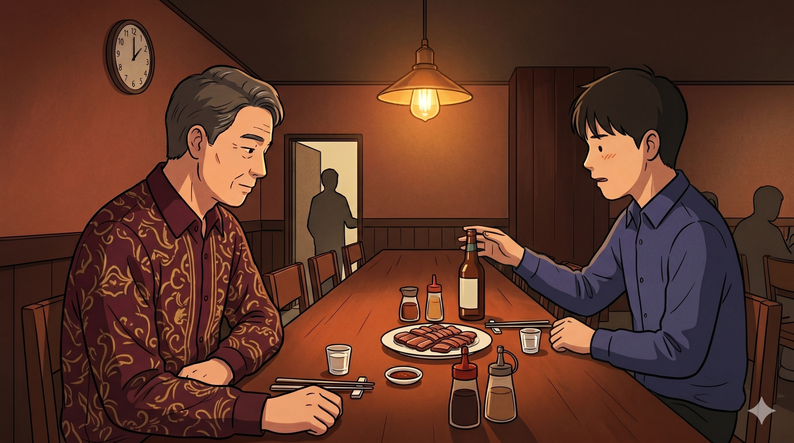 Korean drinking etiquette shown as a younger man reaches for a soju bottle across from an elder at a restaurant table.
