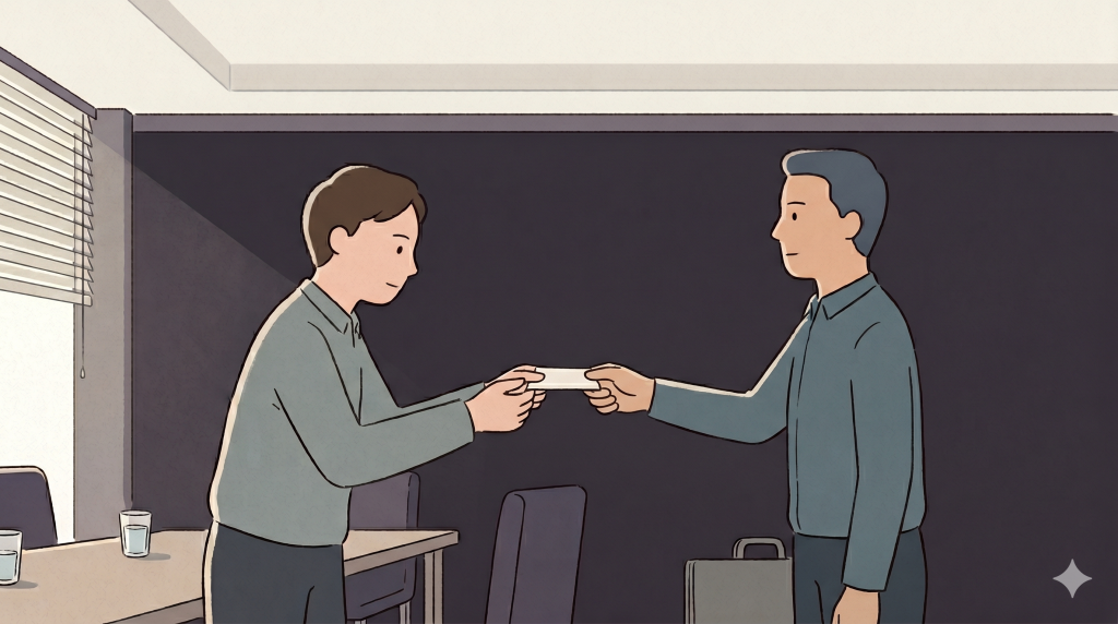 Two people holding business cards outward with both hands in a meeting room, demonstrating korean etiquette giving and receiving at the moment of a first introduction.