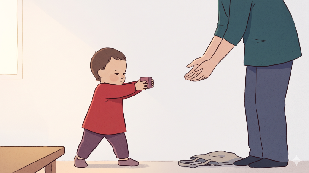 A toddler extending both hands to offer an object to an adult in a home interior, illustrating how korean etiquette giving and receiving is learned in early childhood.