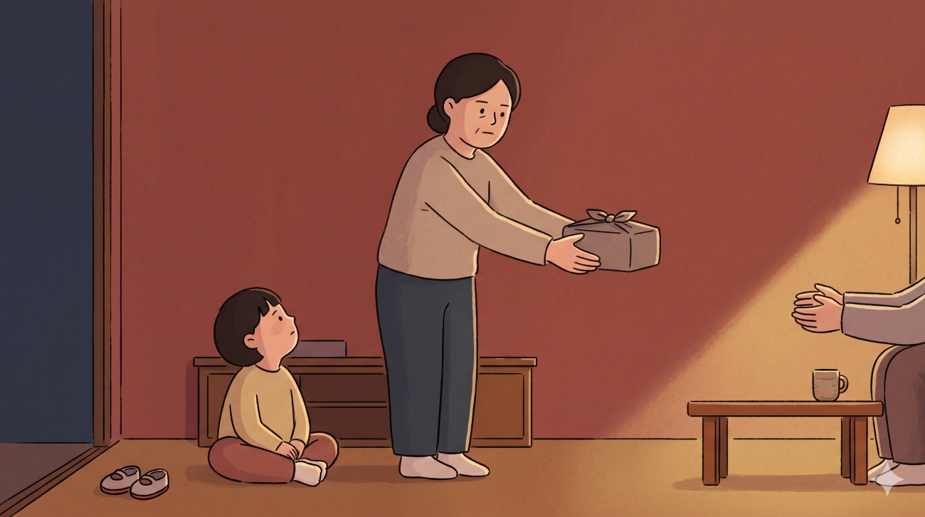 A young child watching an adult's two-handed gesture in a Korean home setting, illustrating the quiet transmission of korean etiquette giving and receiving across generations.