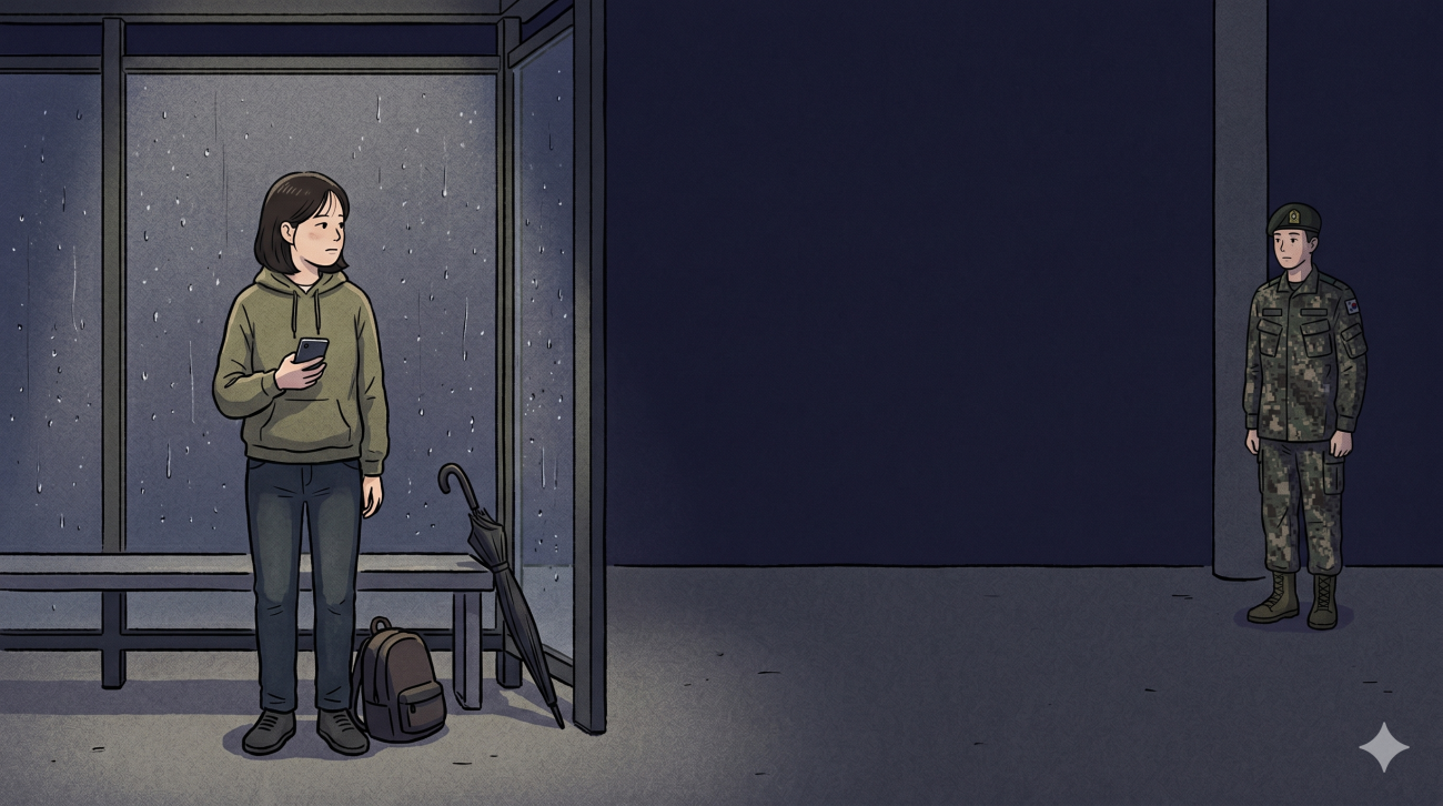 Korean Military Service seen through a quiet relationship distance at a rainy bus stop.