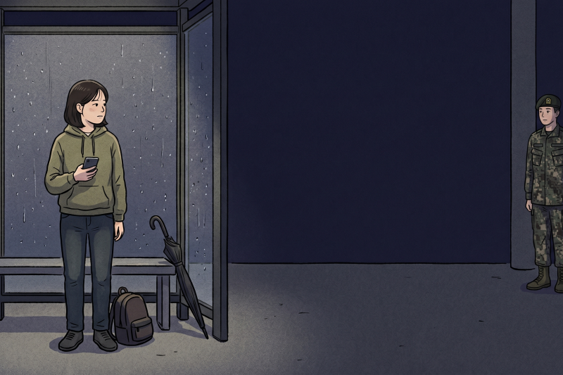 Korean Military Service seen through a quiet relationship distance at a rainy bus stop.