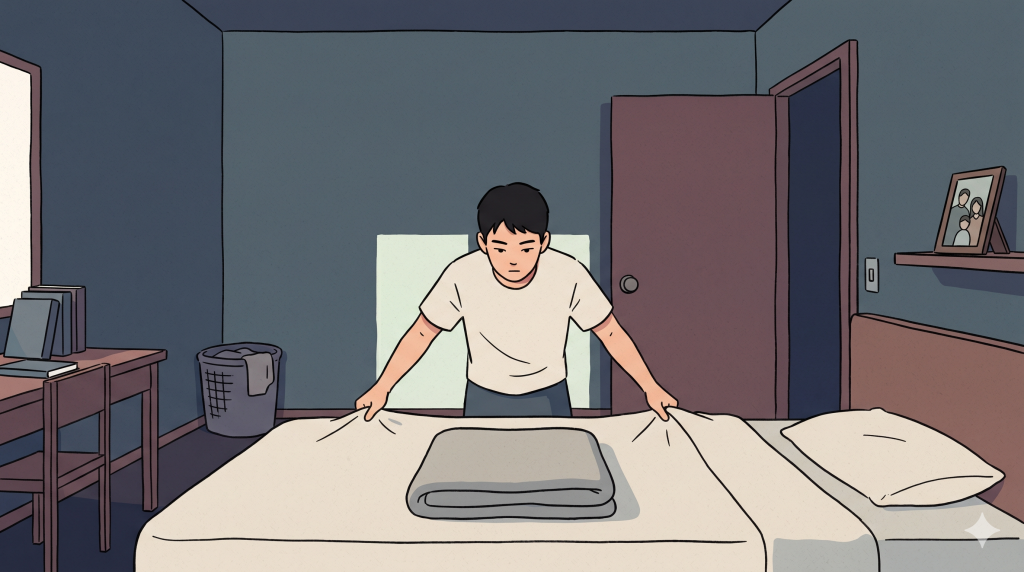 Korean Military Service reflected in a returned young man quietly making his bed at home.