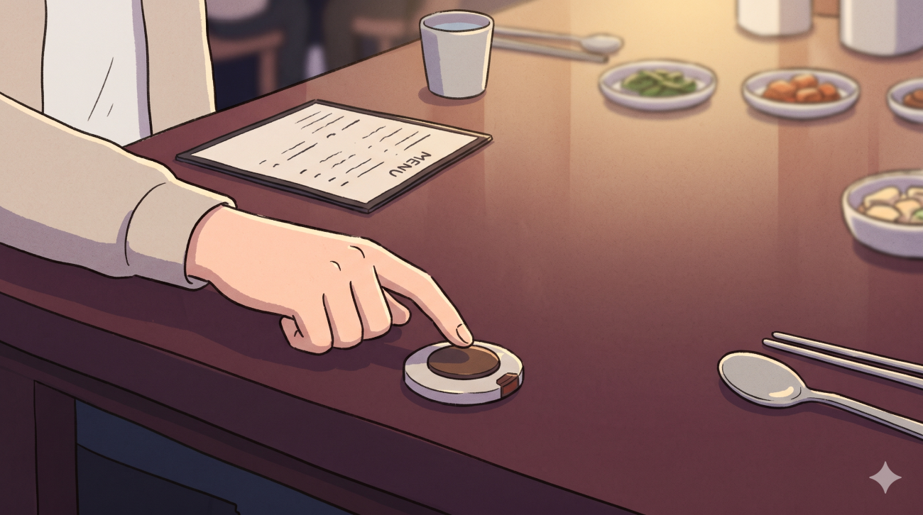 Korean restaurant call button on a dining table with a hesitant diner nearby.