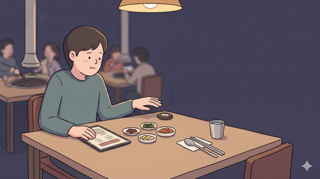 A diner hesitates before pressing a Korean restaurant call button on the table.