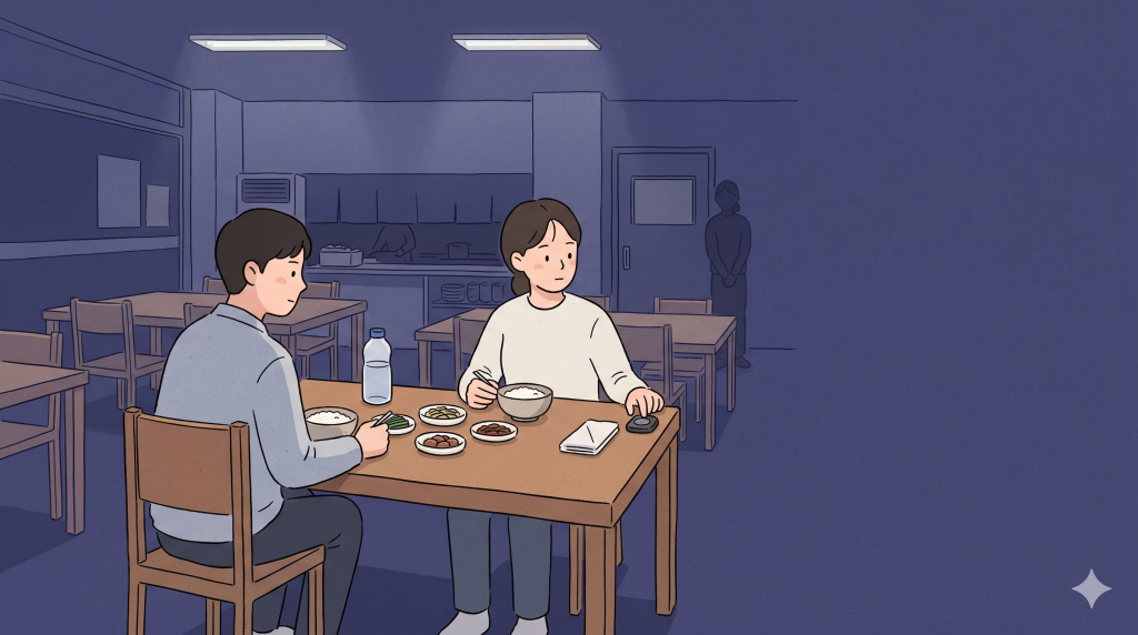 Korean restaurant call button service culture with diners eating without interruption.