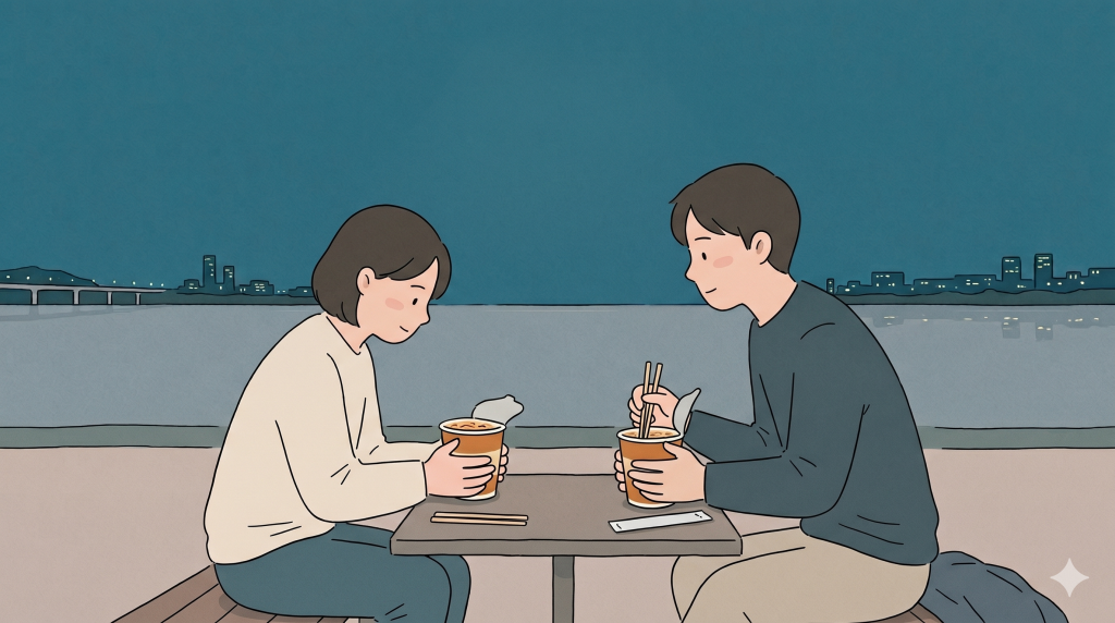 A public Han River ramyeon scene showing how ramyeon meaning changes with setting.