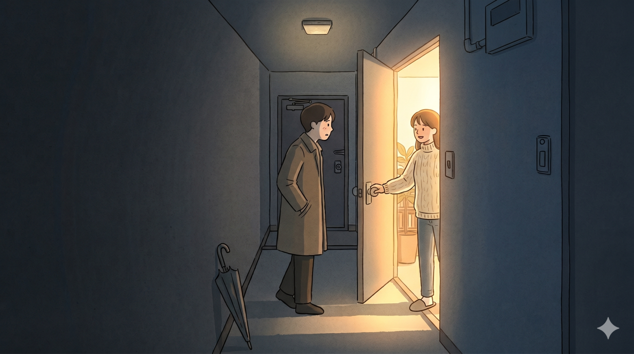 A quiet K-drama inspired cover image showing the layered meaning of ramyeon meaning at a late-night doorway.