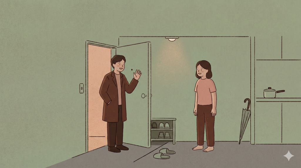 A quiet late-night doorway scene showing the subtle tension behind ramyeon meaning in K-dramas.