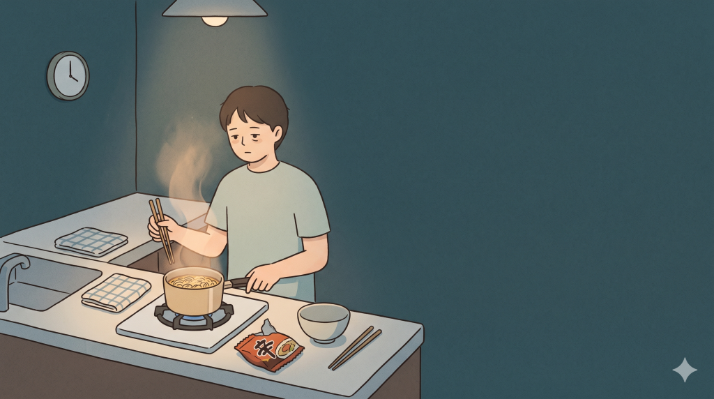 A simple home kitchen scene showing the everyday food side of ramyeon meaning.