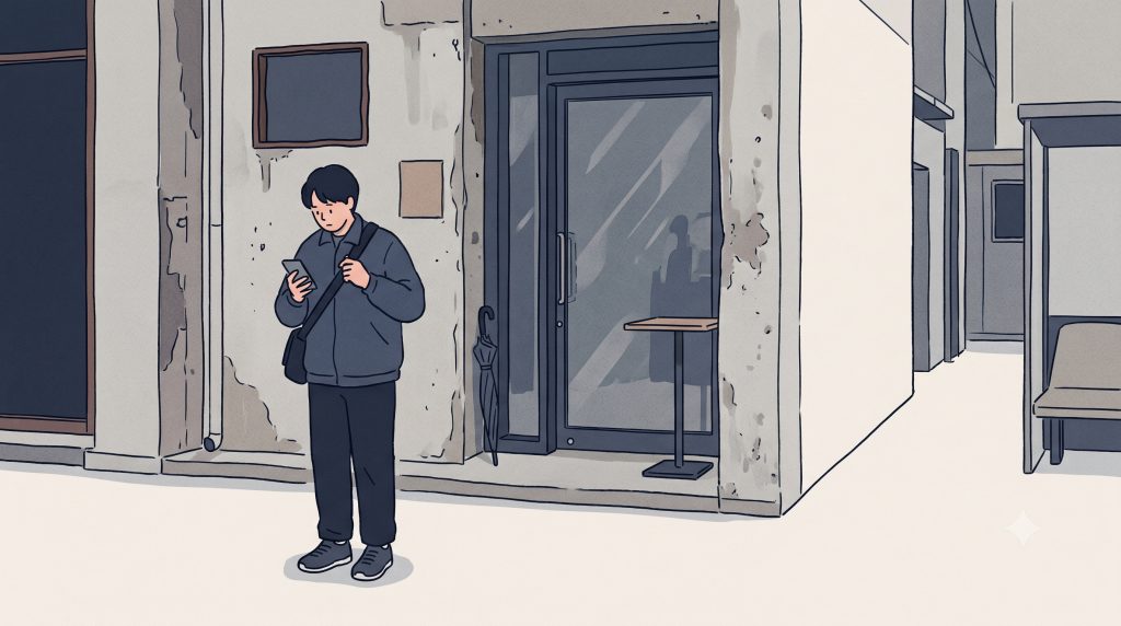 A visitor in Seongsu Seoul looking unsure while checking a phone near a busy pop-up store area.