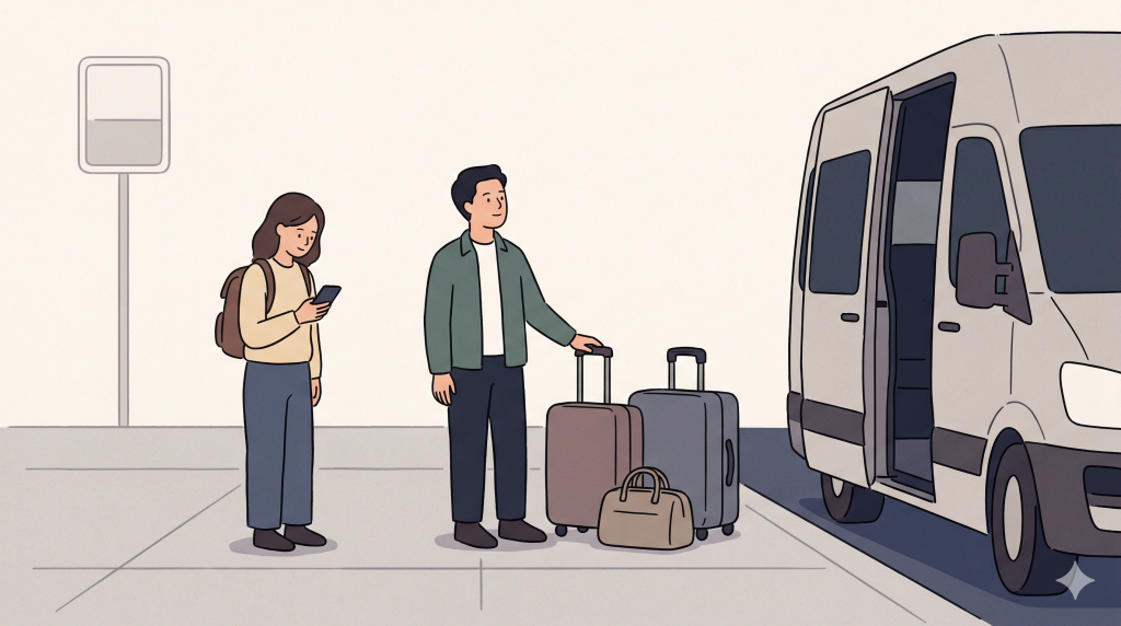 Seoul taxi luggage alternative showing travelers choosing a call van or airport bus with several suitcases.