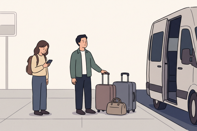 Seoul taxi luggage alternative showing travelers choosing a call van or airport bus with several suitcases.