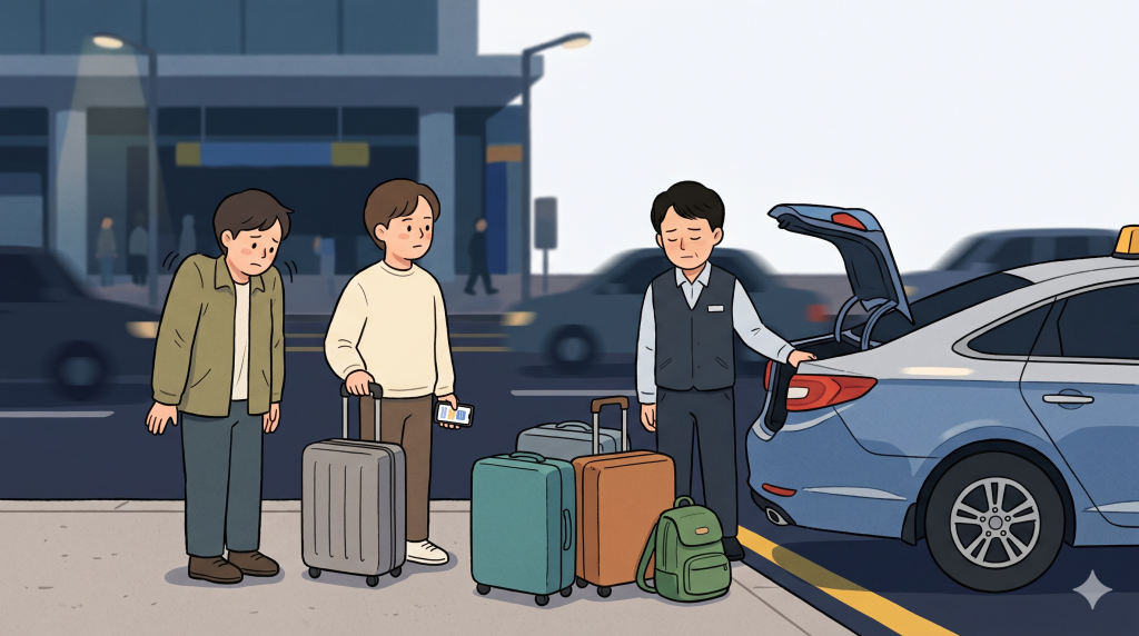 Seoul taxi luggage situation with travelers standing beside a taxi trunk that may not fit several suitcases.