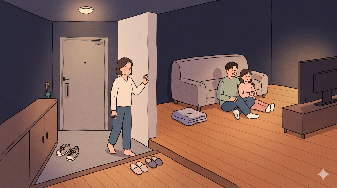 why do Koreans take off shoes indoors in a Korean home where a woman enters and family members sit on the floor by the sofa.
