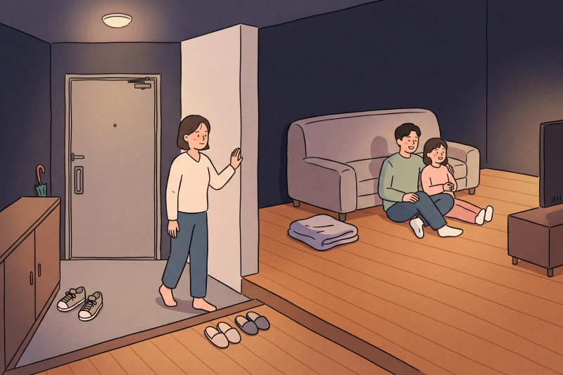 why do Koreans take off shoes indoors in a Korean home where a woman enters and family members sit on the floor by the sofa.