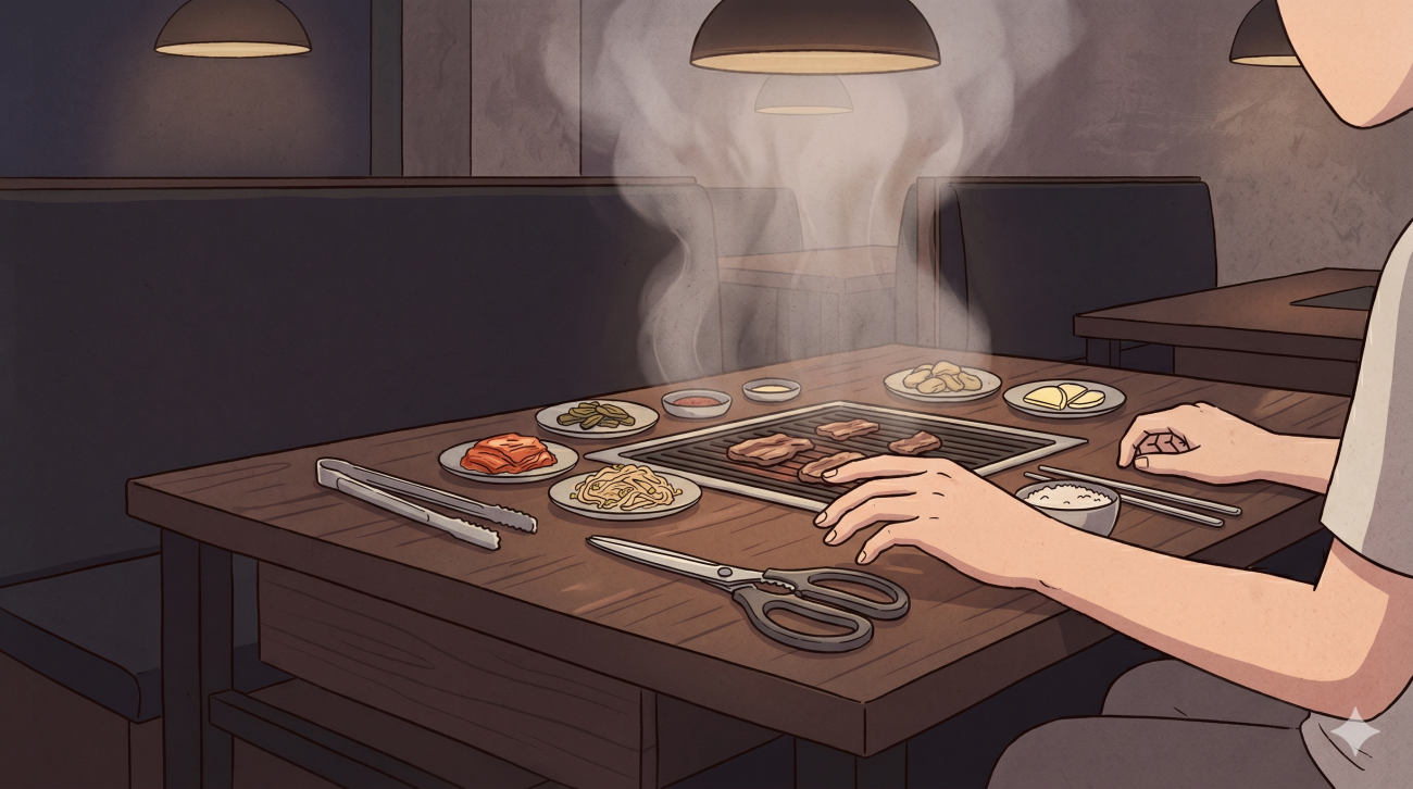 A Korean restaurant table with food scissors shows why do Koreans use scissors for food.
