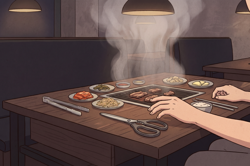 A Korean restaurant table with food scissors shows why do Koreans use scissors for food.