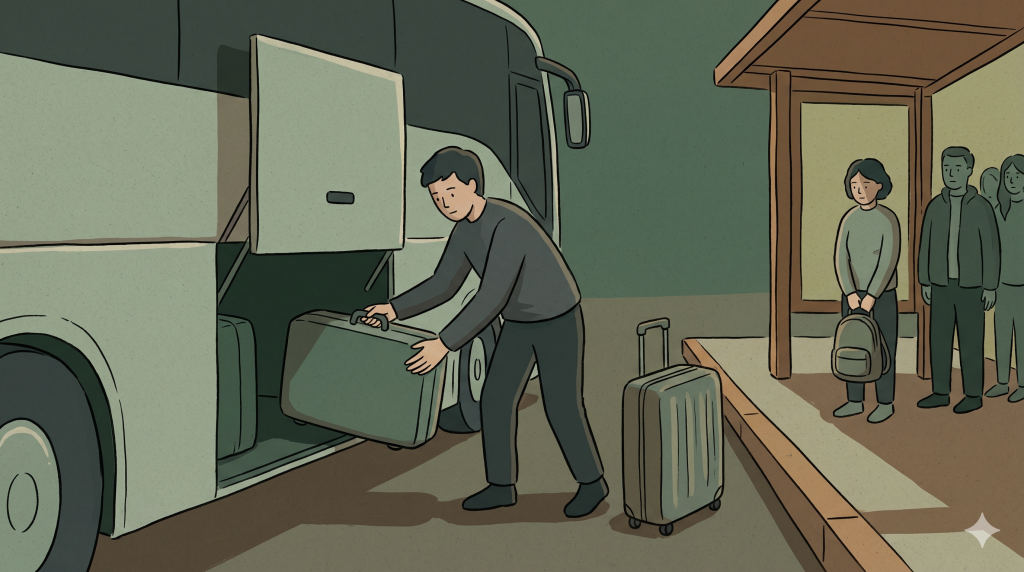 Korea bus luggage rules explained by a traveler loading a suitcase into an airport bus luggage compartment.