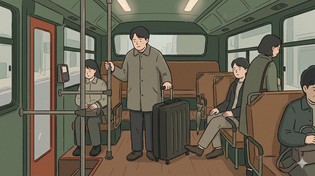 Korea bus luggage rules shown through a traveler holding a large suitcase in a narrow Korean city bus aisle.
