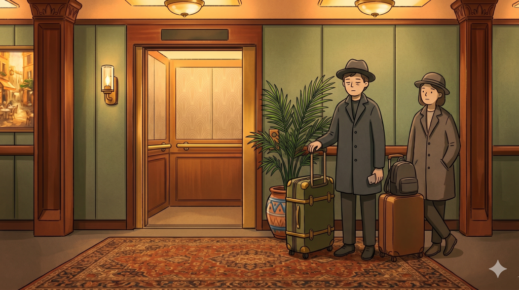 Korea bus luggage rules alternative shown by travelers using a subway elevator with large suitcases.